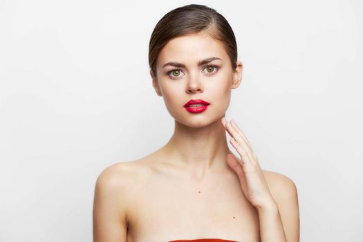 Sexy woman Red lipstick look ahead