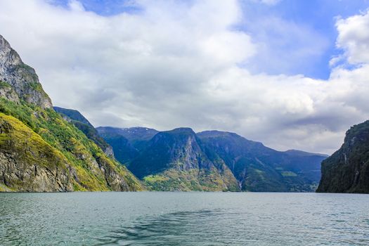 Norwegian beautiful mountain and fjord landscape, Aurlandsfjord Sognefjord in Norway.