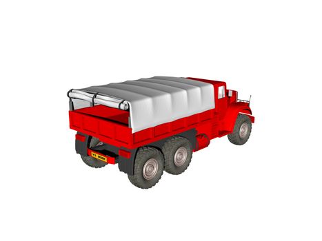 red truck with white tarpaulin