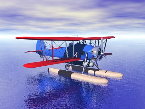 red seaplane with swimming skids