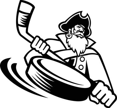 Swashbuckler or Pirate With Ice Hockey Stick and Puck Sports Mascot Black and White