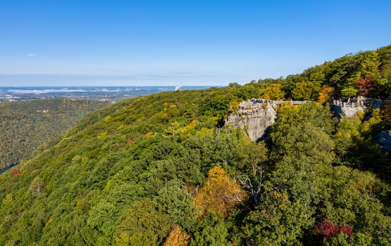 Panorama of Coopers Rock state park overlook over the Cheat River in West Virginia with fall colors