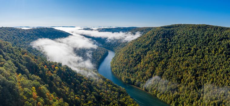 Panorama of gorge of the Cheat River upstream of Coopers Rock State Park in West Virginia with fall colors