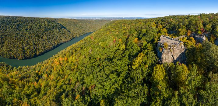 Panorama of Coopers Rock state park overlook over the Cheat River in West Virginia with fall colors