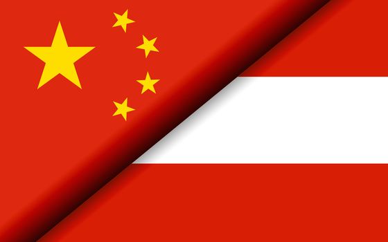 Flags of the China and Austria divided diagonally. 3D rendering