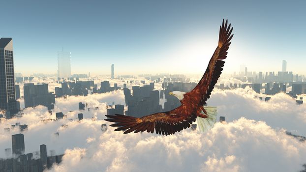 Eagle flies above megapolis
