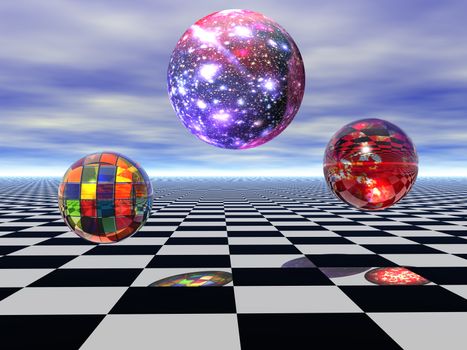 mystical glass balls hover over the chess board