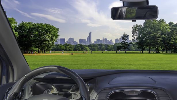 Car windshield view of Central Park, Manhattan, New York, USA