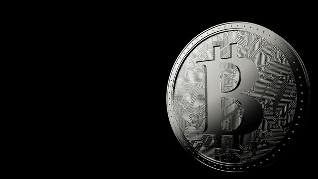Gray bitcoin silver coin Isolated with black background bit-coin 3d render isolated illustration, cryptocurrency, crypto, business, management, risk, money, cash, growth, banking, bank, finance, symbol