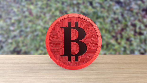 Red bitcoin gold coin Isolated on blur leaves background. bit-coin 3d render isolated, cryptocurrency, crypto, business, management, risk, money, cash, growth, banking, bank, finance, symbol