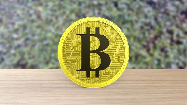 Yellow bitcoin gold coin Isolated on blur leaves background. bit-coin 3d render isolated, cryptocurrency, crypto, business, management, risk, money, cash, growth, banking, bank, finance, symbol