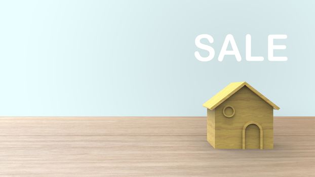 Wooden 3d home shape with sale word white on wood table and copyspace for your text. Ideas house concept. Illustration isolated render with blue background.