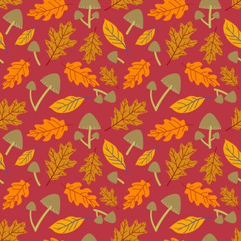 Seamless forest pattern with acorns and autumn leaves. Fall background. Vector wallpaper.