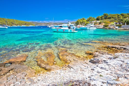 Pakleni Otoci archipelago turquoise beach and yachting bay sceni