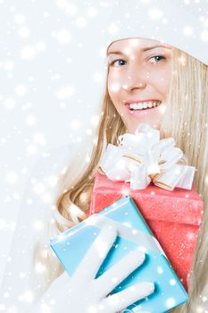 Merry Christmas and glitter snow background, happy blonde girl w