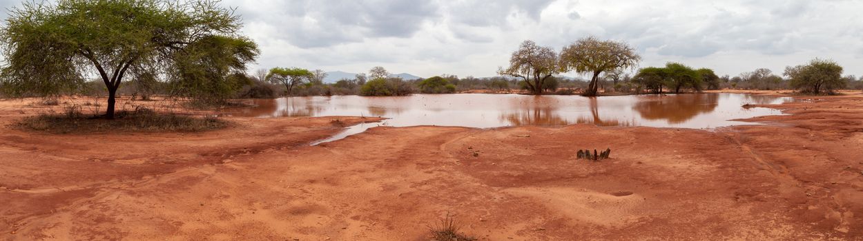 Scenery with a small lake in the savannah of Kenya