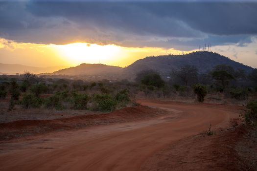 Sundown in the landscape in Kenya, hills in the far