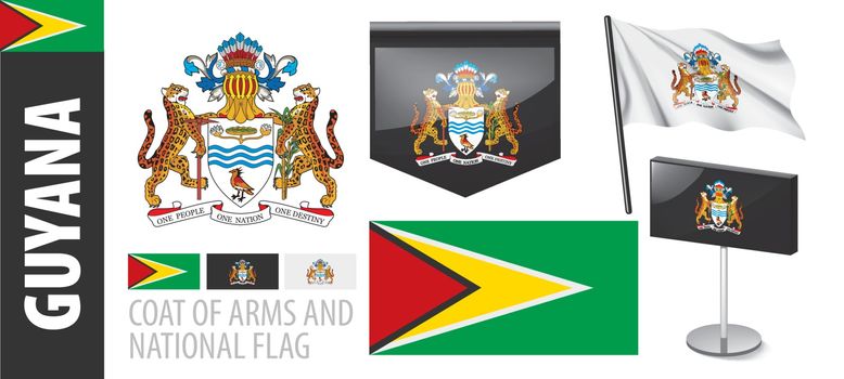 Vector set of the coat of arms and national flag of Guyana