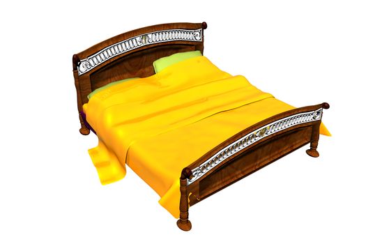 wide double bed with metal frame and yellow bedding