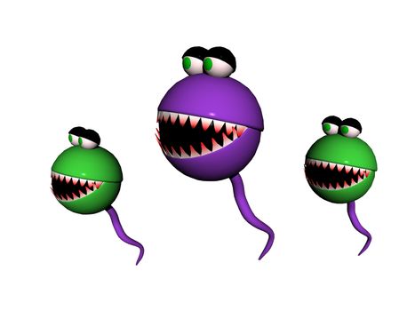 colorful spherical cartoon characters with teeth and tail