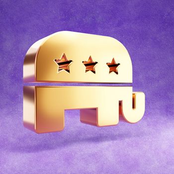 Republican icon. Gold glossy Republican symbol isolated on violet velvet background.