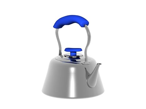 silver metallic teakettle with blue handle