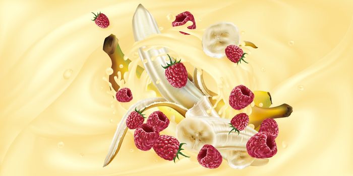 Bananas and raspberries in a splash of milkshake or yogurt.