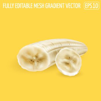 Peeled banana slices on a yellow background.