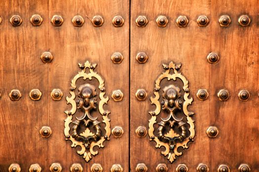Forged metal vintage door knocker on brown wooden door