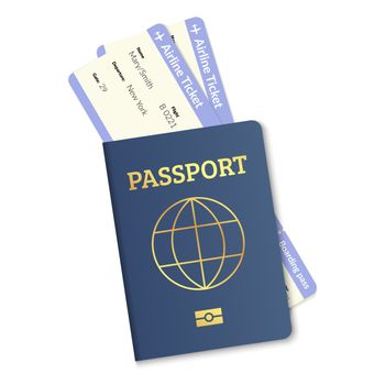 International passport with plane tickets. Realistic vector travel citizenship document.