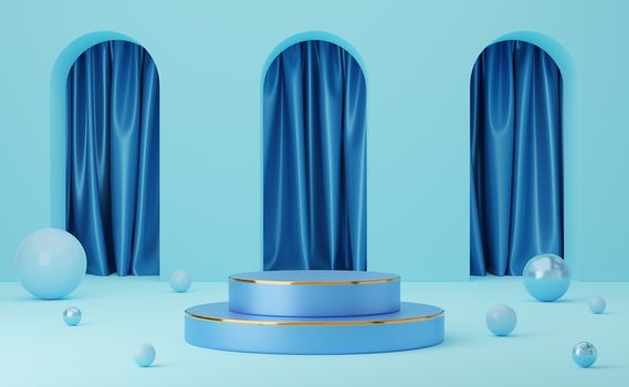 Empty blue cylinder podium with gold border and ball on arch and