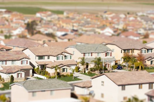 Aerial View of Populated Neigborhood Of Houses With Tilt-Shift B