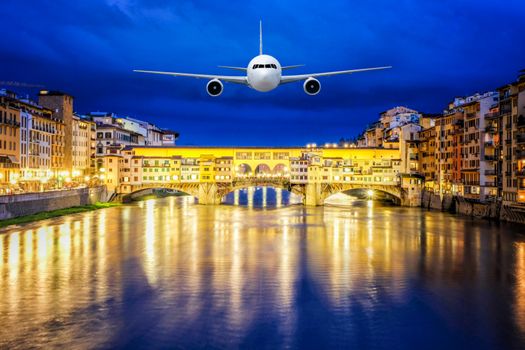 Front of real plane aircraft, on Ponte Vecchio bridge Nigth view