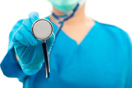 woman doctor in blue uniform holding stethoscope