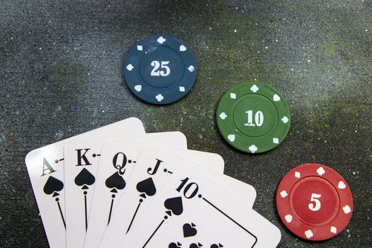 Royal flush poker and blackjack cards and chips