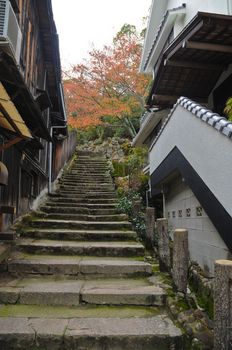 Quiet steps in old Mijayima village uphill in Hiroshima Japan