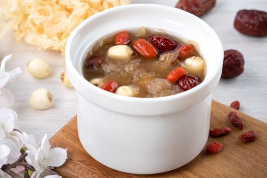 Close up of sweet snow white fungus soup with lotus seed, Chines
