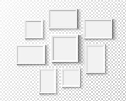 Photo frames on wall. White picture frame set. Vector empty realistic gallery