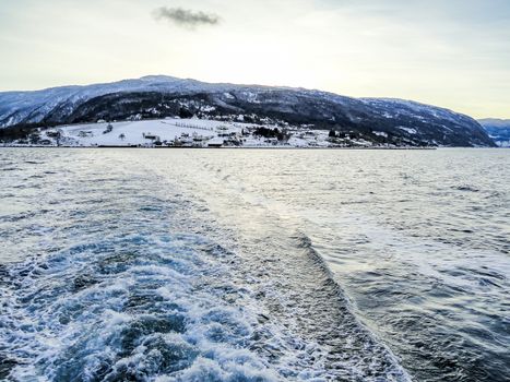 Take the ferry from Vangsnes to Dragsvik. Winter landscape Norway.