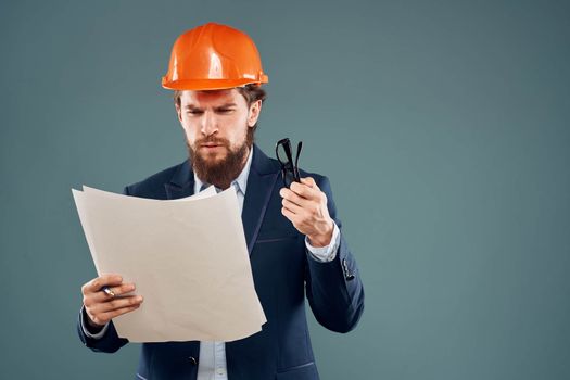 Business man blueprints engineer work professional instruction manual