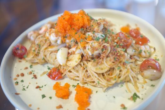 fusion food style , Cream sauce spaghetti egg shrimp