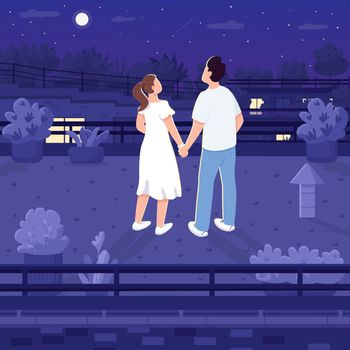 Nighttime roof date flat color vector illustration