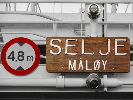 Selje Måløy signs and warning symbols on Fjord1 in Norway.