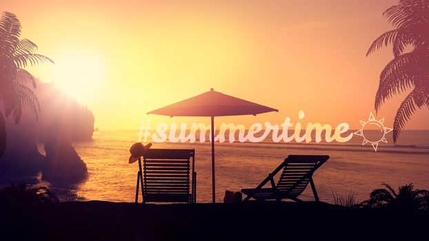 Resort beach on sunset background in summertime.