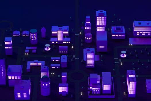 Downtown building at night, simulation city, 3d rendering.