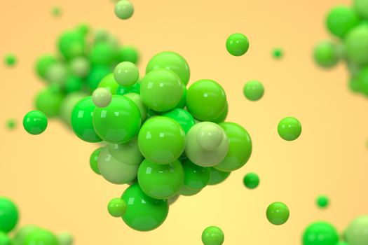 Green balls gather together with yellow background, 3d rendering.