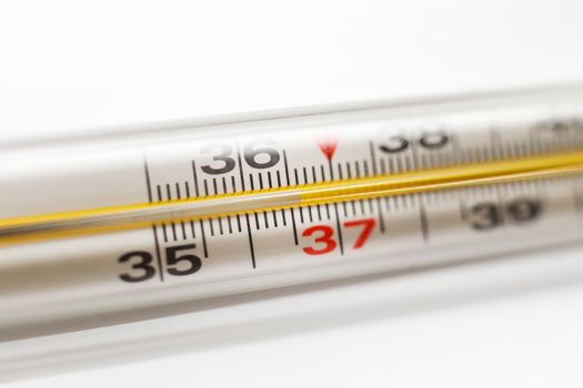 Close-Up of Mercury thermometer. The normal temperature of a healthy person is 36.6