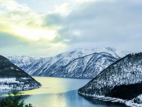 Winter landscape and morning time at Sognefjord in Vestland, Norway.