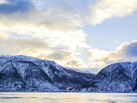 Winter landscape and morning time at Sognefjord in Vestland, Norway.