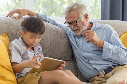 Grandfather and little cute grandson playing touchscreen tablet 